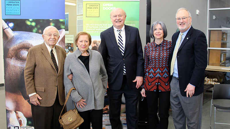 From left to right: Irv and Lois Cohen, Chancellor Hillkirk, Dena Hammel and Victor Hammel. The Cohens and Hammels have made a combined gift of $3 million to Penn State Berks, which will help create the Cohen-Hammel Fellowship Program. From left to right: Irv and Lois Cohen, Chancellor Hillkirk, Dena Hammel and Victor Hammel. The Cohens and Hammels have made a combined gift of $3 million to Penn State Berks, which will help create the Cohen-Hammel Fellowship Program.
