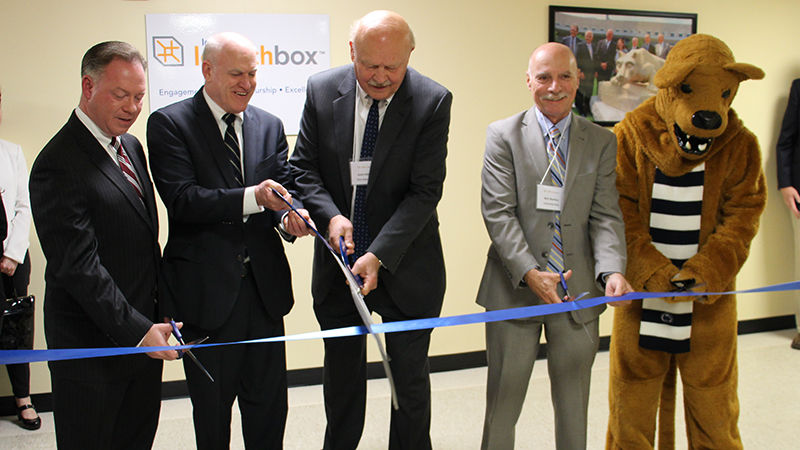 The ribbon-cutting ceremony included (left to right) Randy Peers, John Morahan, Dr. R. Keith Hillkirk, Dr. Neil Sharkey, and the Nittany Lion The ribbon-cutting ceremony included (left to right) Randy Peers, John Morahan, Dr. R. Keith Hillkirk, Dr. Neil Sharkey, and the Nittany Lion