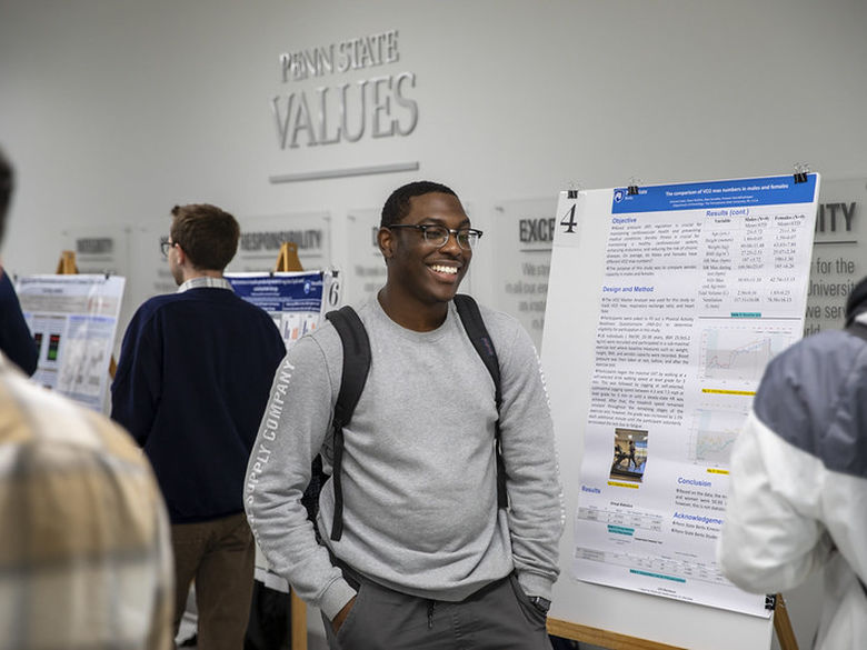 Student presents research poster in Beaver building