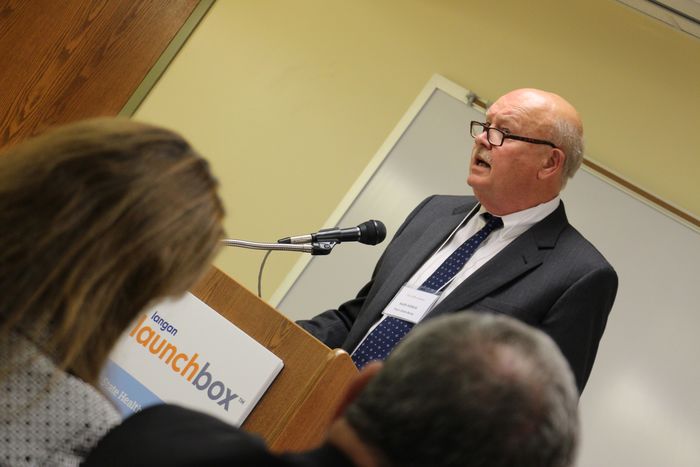 Dr. Hillkirk speaking to the attendees of the Langan Launchbox dedication ceremony