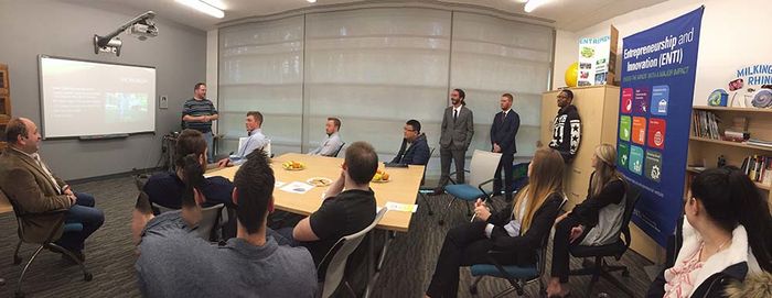 Students listen to a presentation in the Flemming CEED Center