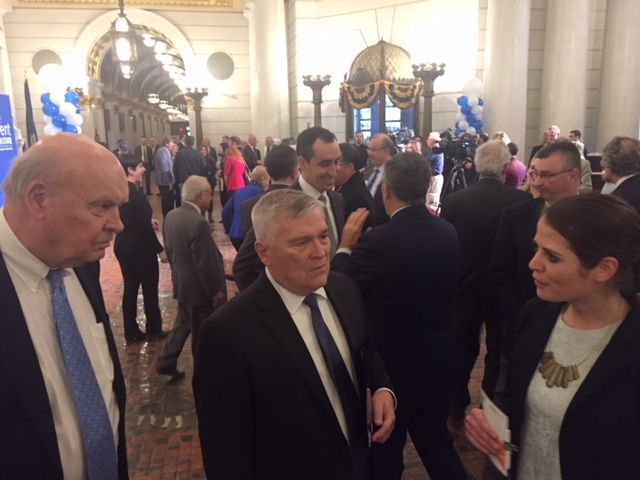 Penn State President Eric J. Barron (center) speaks with Penn State Berks Chancellor R. Keith Hillkirk and Lisa Weaver, Educational Program Associate