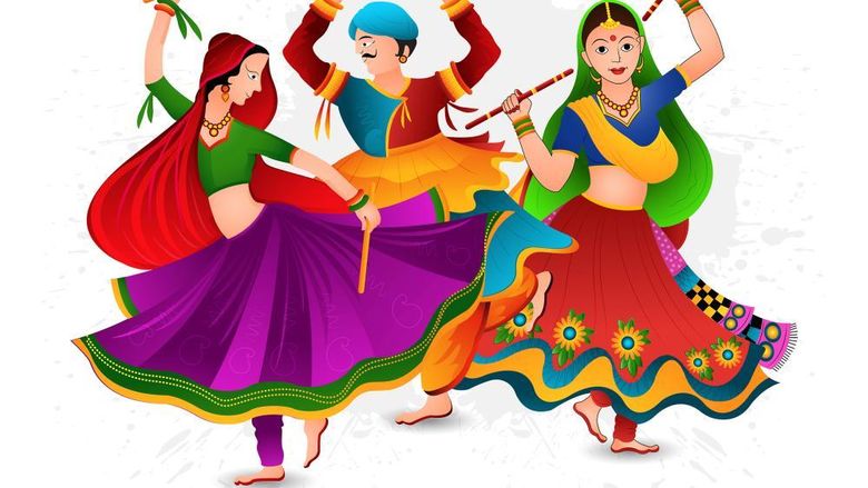 An illustration of three people dancing and wearing colorful garb