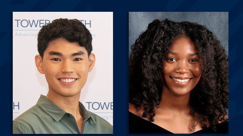 Two portraits on a blue background