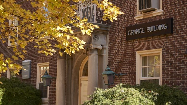 Front of Grange Building in the fall