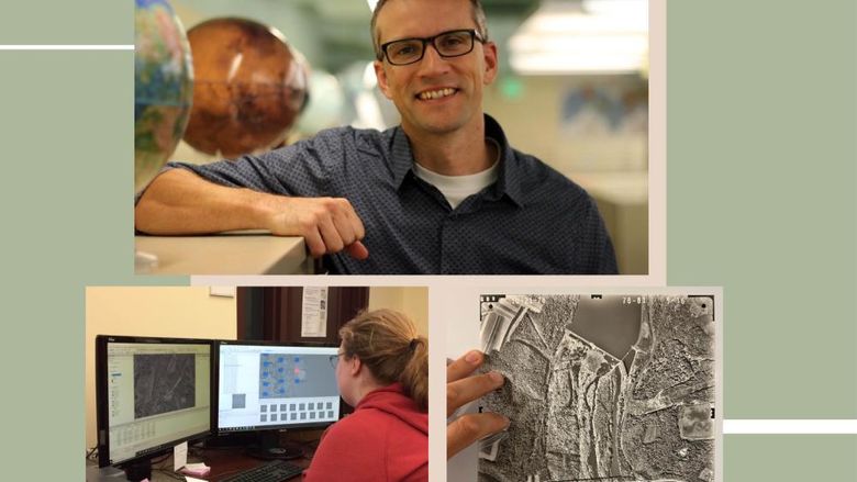 Collage of 3 photos: Nathan Piekielek, an archival aerial photograph, and a student assistant working on a computer.