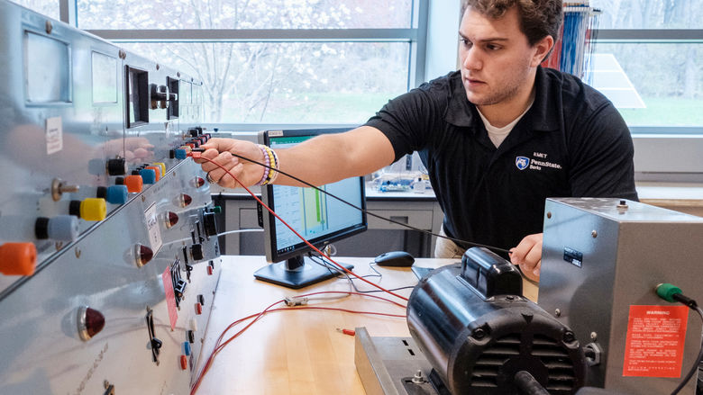 Engineering student Michael Aboulhouda works on a project during class. 