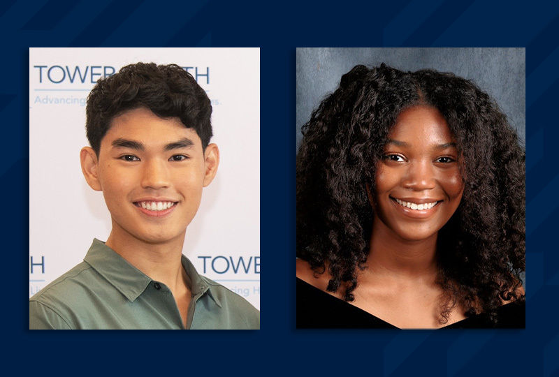 Two portraits on a blue background