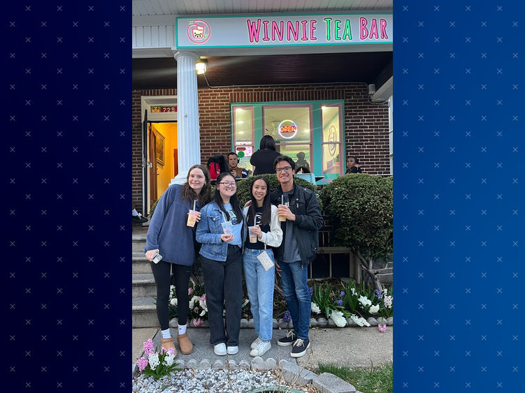 Students standing outside Winnie’s Tea Bar in West Reading