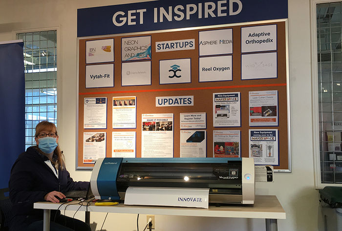 Patty Leshinskie, Facilities Coordinator, Berks LaunchBox with the new vinyl plotter 